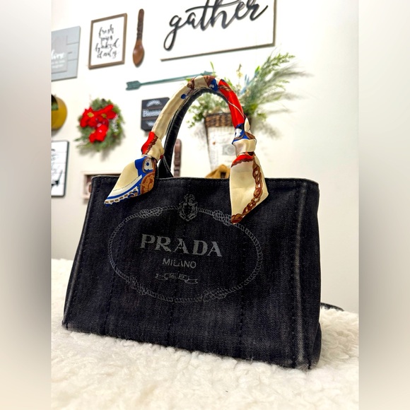 PRADA Black Denim Logo-Print Small Tote Bag - Picture 14 of 16
